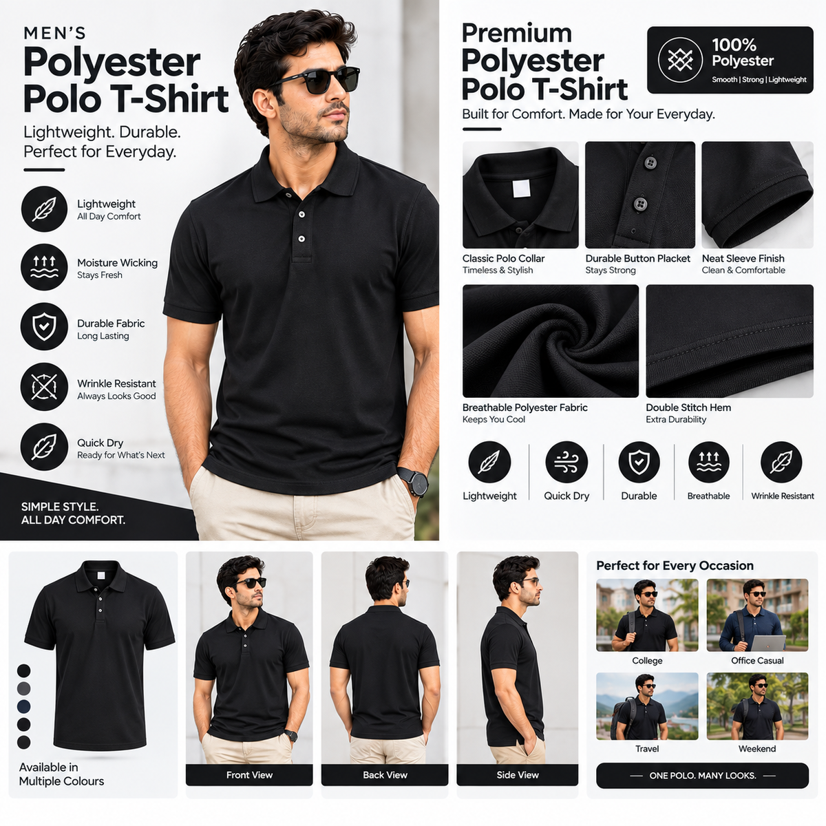 Black Polyester Half Sleeve 140 GSM Polo T shirts